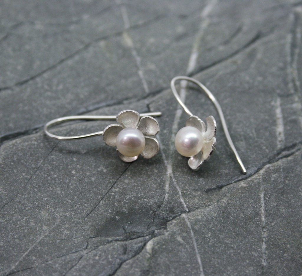 Handmade pearl and silver daisy earrings Starboard Jewellery