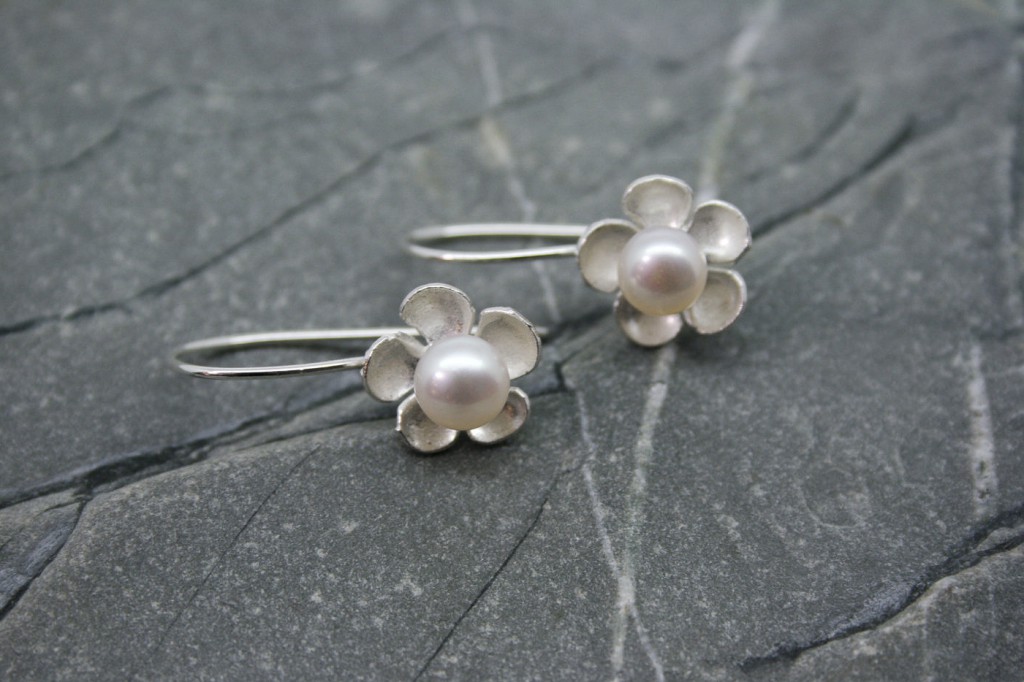 Handmade pearl and silver daisy earrings Starboard Jewellery