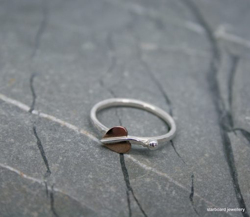 Copper leaf and bead on sterling silver ring