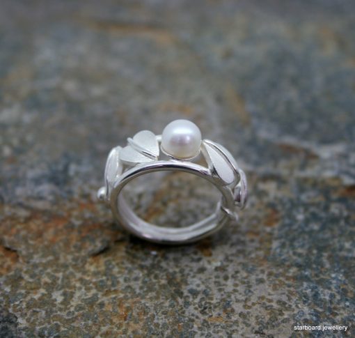 Art Nouveau styled sterling silver ring with freshwater pearl