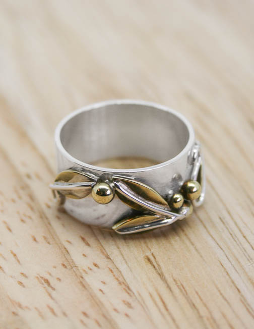Sterling silver and brass leaf ring