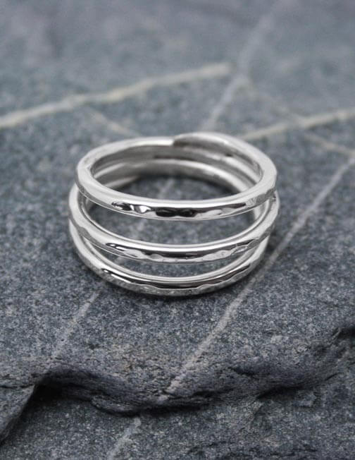 Three band silver coil ring with hammer finish | Starboard Jewellery