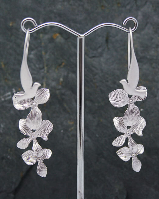 Dove with hanging flower drop earrings | Starboard Jewellery