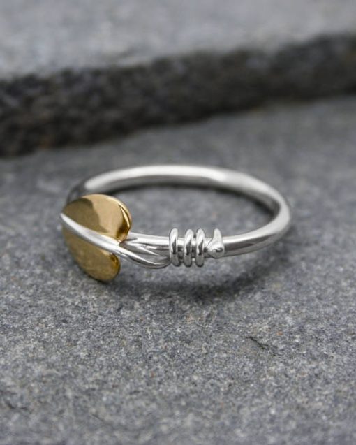 Silver and brass leaf ring with silver vine tendrils