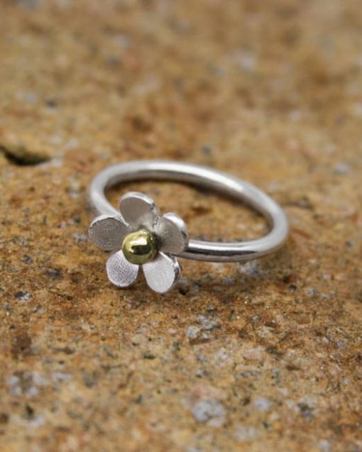 Handmade Silver flower ring with brass bead