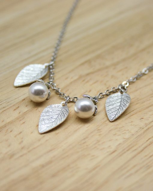 Pearl and leaf silver plated necklace