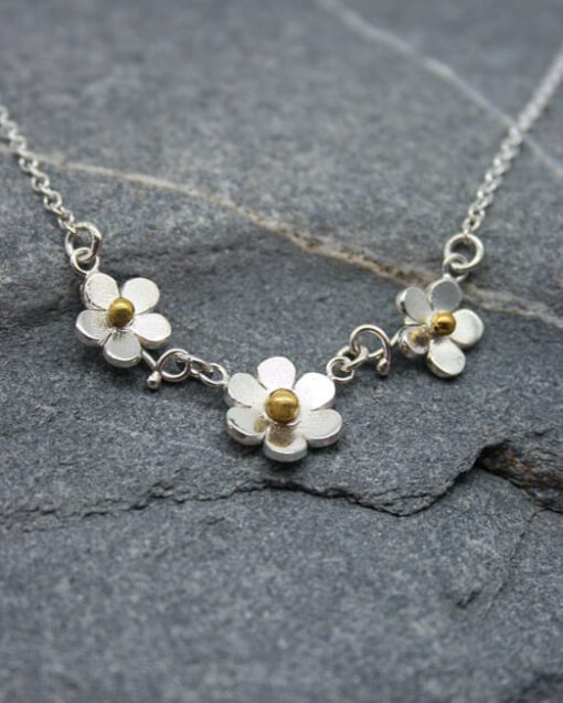 Handmade silver and brass three flower daisy necklace