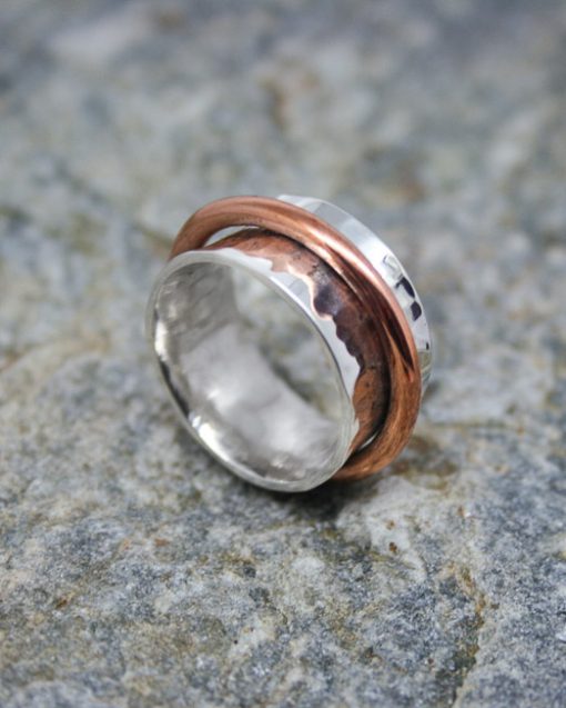 silver concave ring with copper band