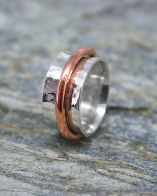 silver concave ring with copper band
