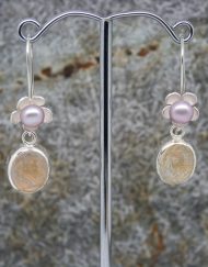 silver flower and pearl earrings with rutilated quartz drop