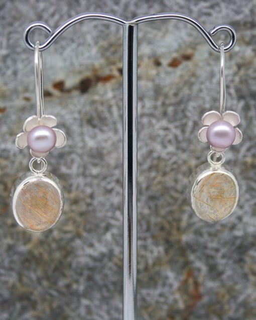 silver flower and pearl earrings with rutilated quartz drop