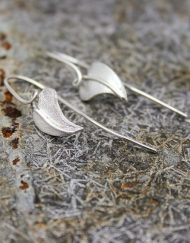silver long wire earrings with leaf and silver tendrils
