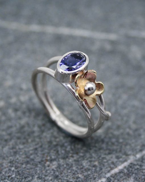Sterling silver Iolite ring with flower detail 1