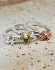 Silver stacking rings with copper, brass or silver flowers