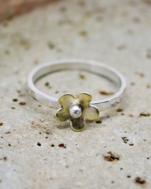 Silver stacking rings with copper, brass or silver flowers