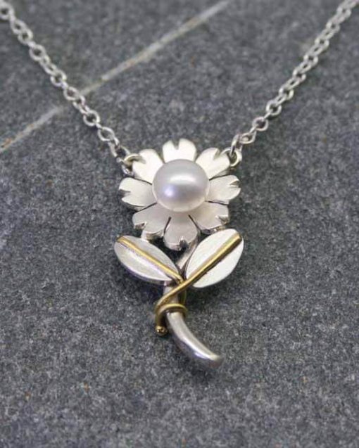 Pearl and silver flower pendant Necklace with stalk and leaves