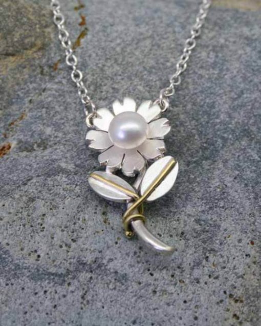 Pearl and silver flower pendant Necklace with stalk and leaves