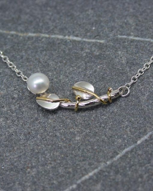 Silver and pearl vine necklace with leaves