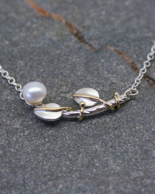 Silver and pearl vine necklace with leaves