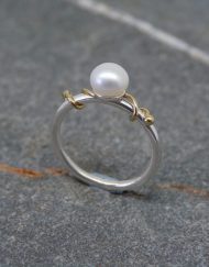 Pearl and silver ring with brass tendril mixed metal