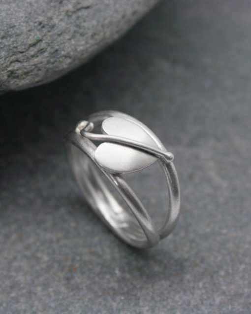 Sterling silver heart leaf ring on a double band