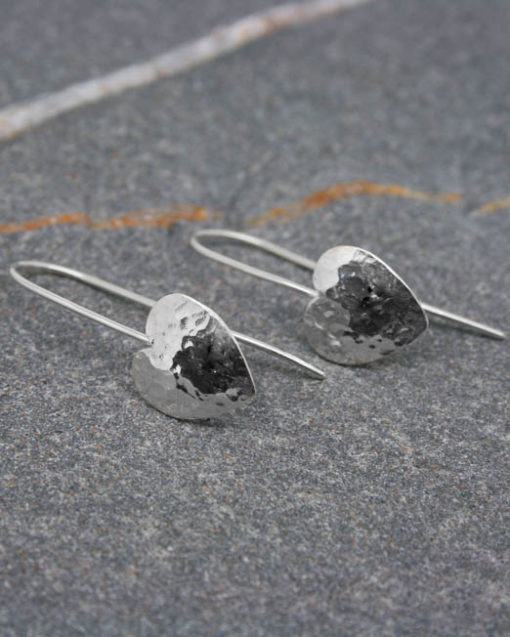 Sterling silver hammered heart drop earrings