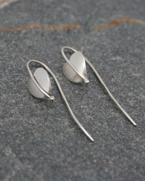 Sterling silver heart leaf earrings on long silver fittings
