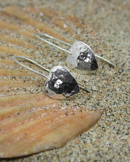 Sterling silver hammered heart drop earrings