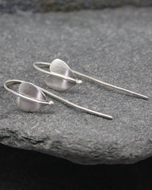 Sterling silver heart leaf earrings on long silver fittings
