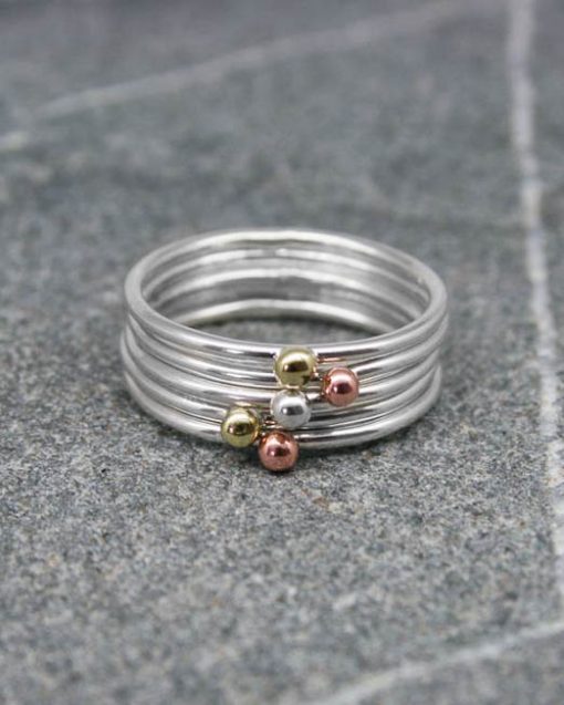 Skinny sterling silver stacking bead ring in mixed metals
