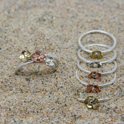 Sterling silver stacking flower ring in mixed metals