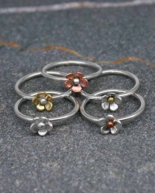 Sterling silver stacking flower ring in mixed metals 1