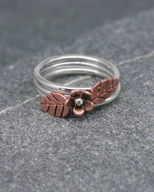 Sterling silver stacking ring with copper leaf, silver leaf or brass leaf