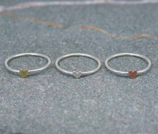 Single sterling silver stacking ring with silver heart, brass heart or copper heart