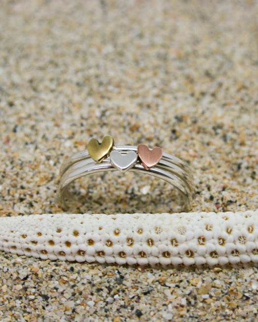 Single sterling silver stacking ring with silver heart, brass heart or copper heart